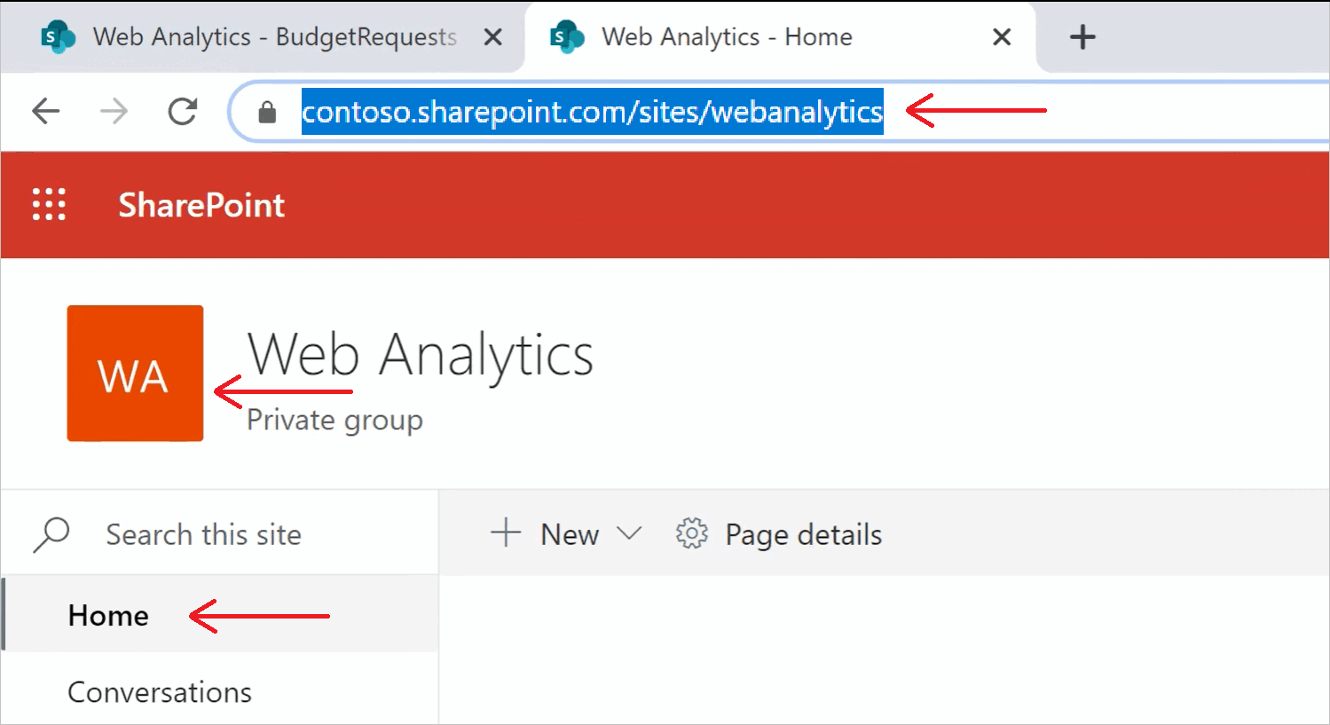 Captura de pantalla que muestra las ubicaciones de Inicio en el panel de navegación de SharePoint, el icono de la parte superior del sitio y la dirección URL resultante.