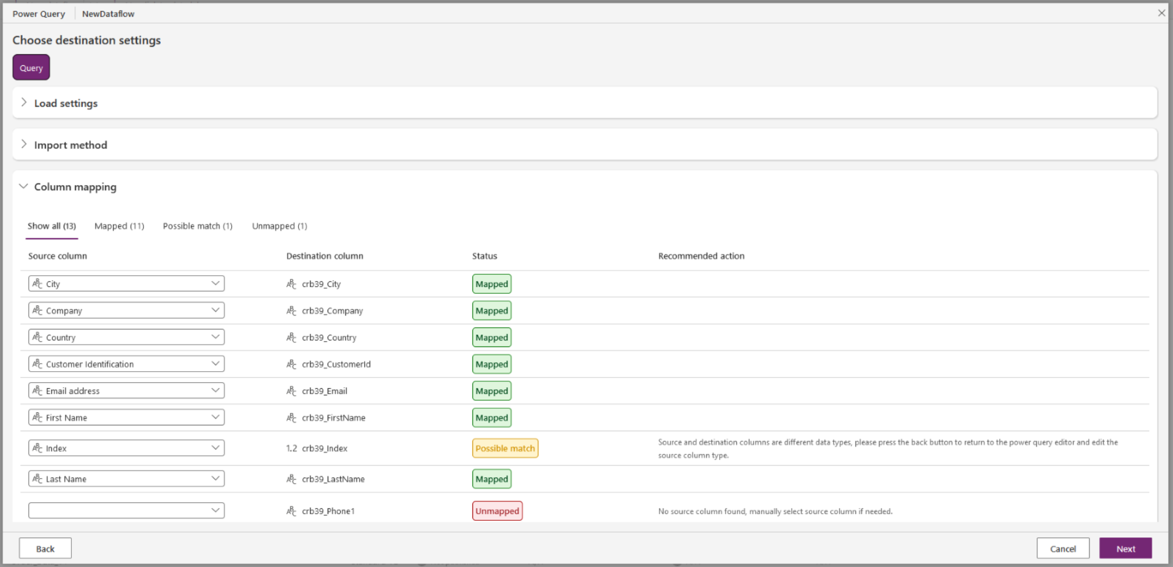 Captura de pantalla del cuadro de diálogo Elegir configuración de destino con las opciones de asignación de columnas mostradas.