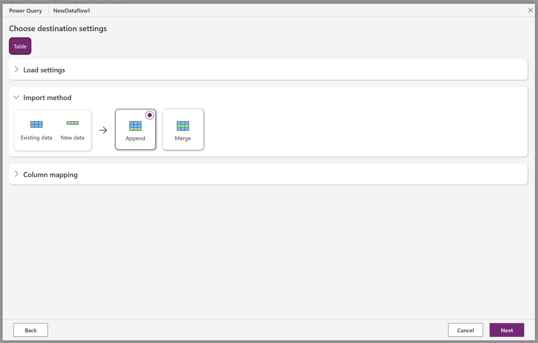 Captura de pantalla del cuadro de diálogo Elegir configuración de destino con la opción de método de importación mostrada.
