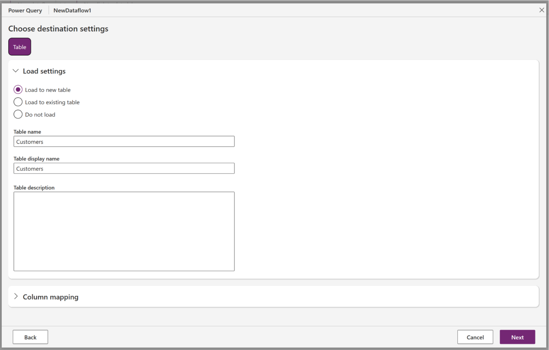 Captura de pantalla del menú de configuración de carga con Cargar en un nuevo conjunto de tablas.