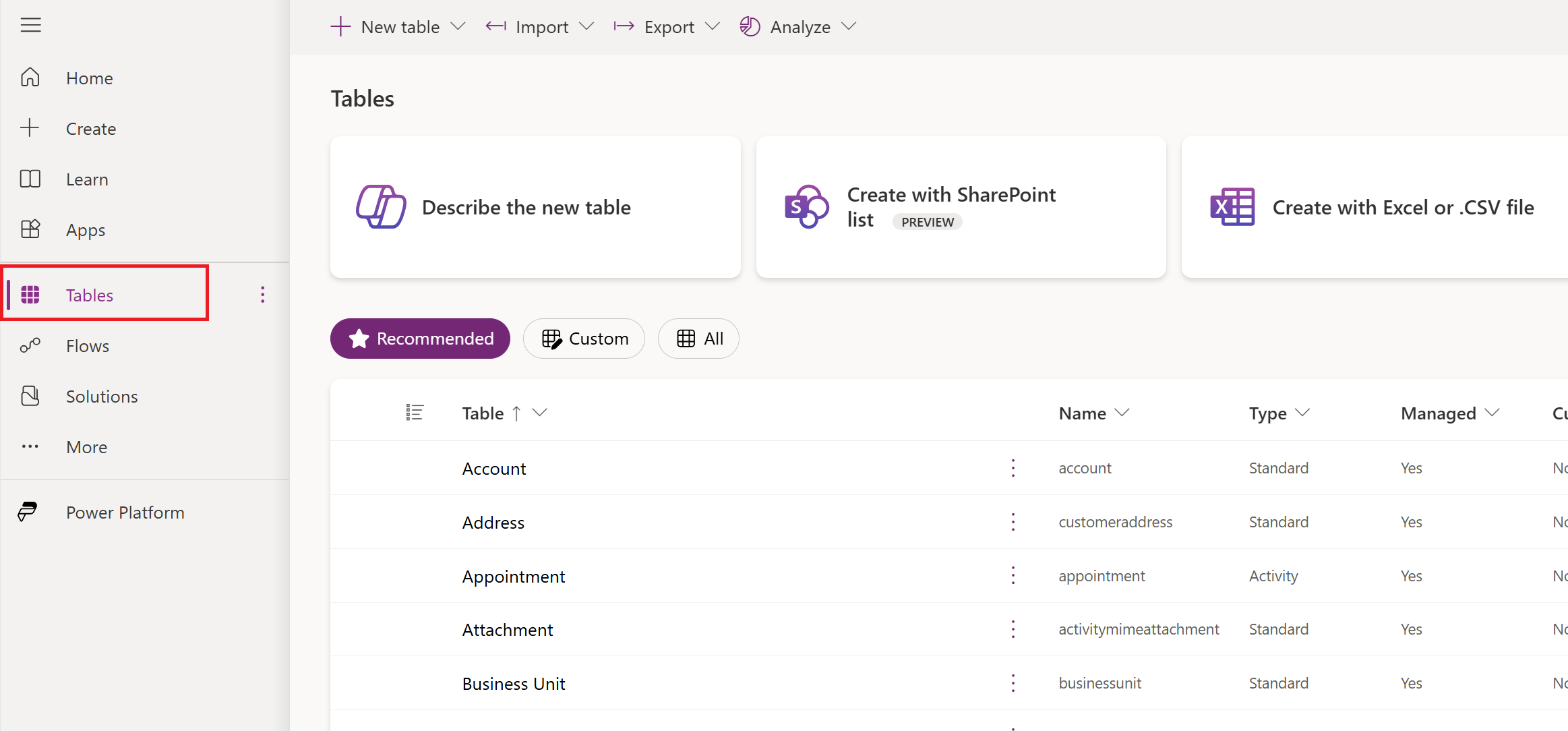 Captura de pantalla del panel de navegación con la pestaña Tablas seleccionada y el panel Tablas abierto.