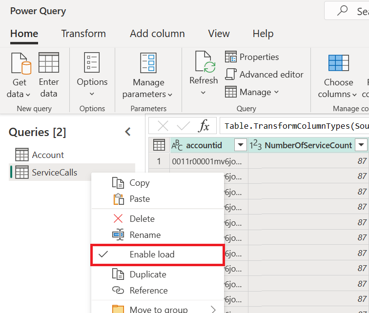 Captura de pantalla del menú contextual de la consulta con la opción habilitar la carga seleccionada.