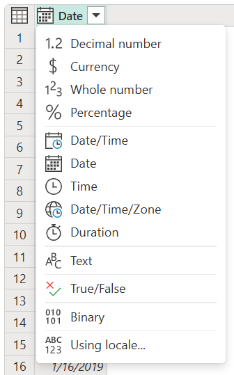 Captura de pantalla del menú tipo de datos en el encabezado de columna.