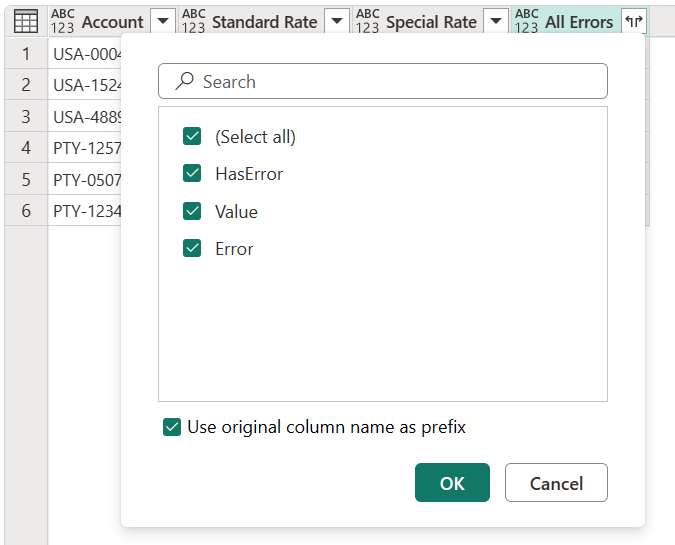 Captura de pantalla de la columna Todos los errores con el icono de expansión resaltado y los cuadros HasError, Valor y Error seleccionados.