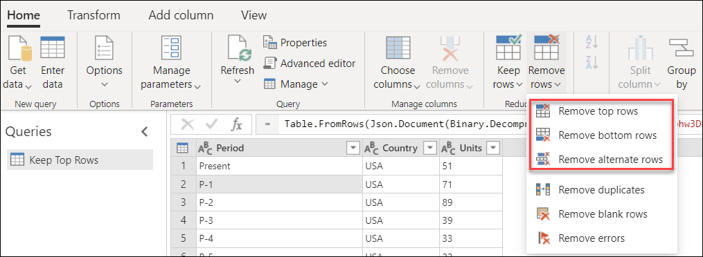 Botón de quitar filas en la pestaña Inicio.