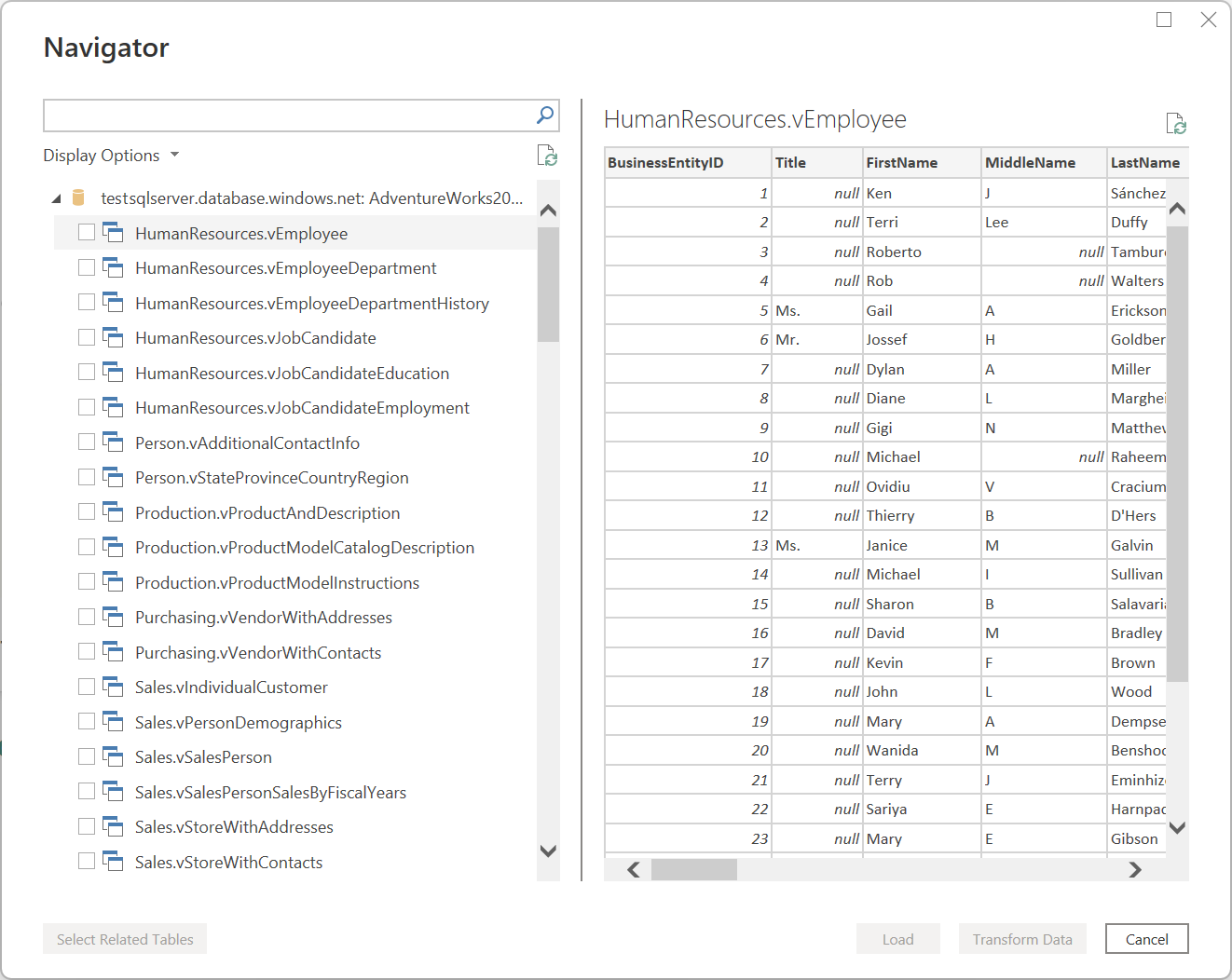Captura de pantalla de la ventana del navegador del conector de SQL Server en Power Query Desktop.