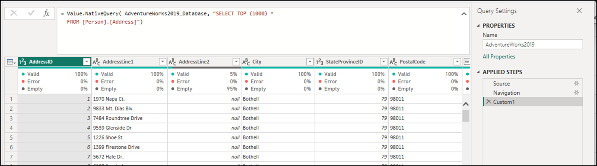 Captura de pantalla de la consulta nativa ejecutada en el desarrollo y pruebas iniciales del conector.