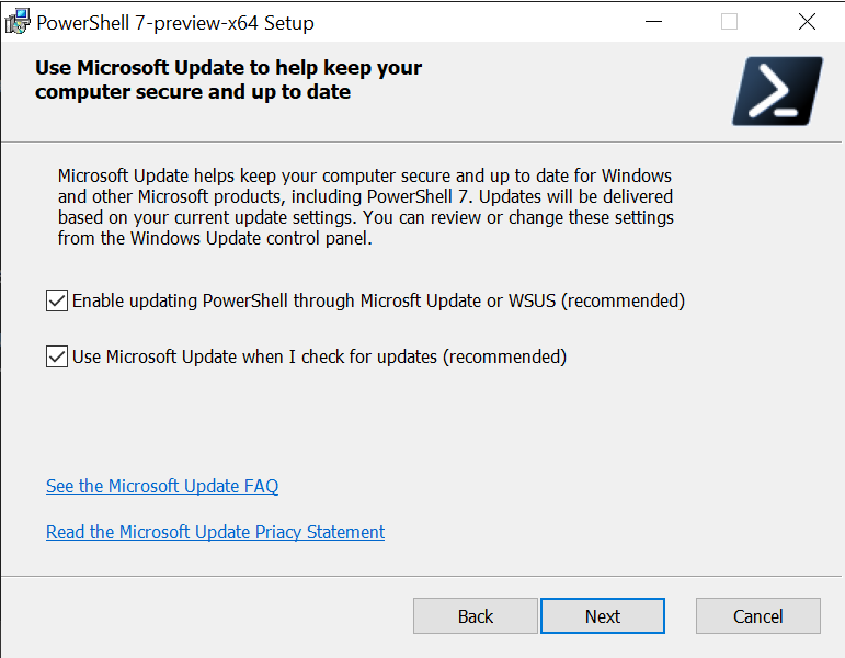 Configuración de PowerShell: cuadro de diálogo de Microsoft Update
