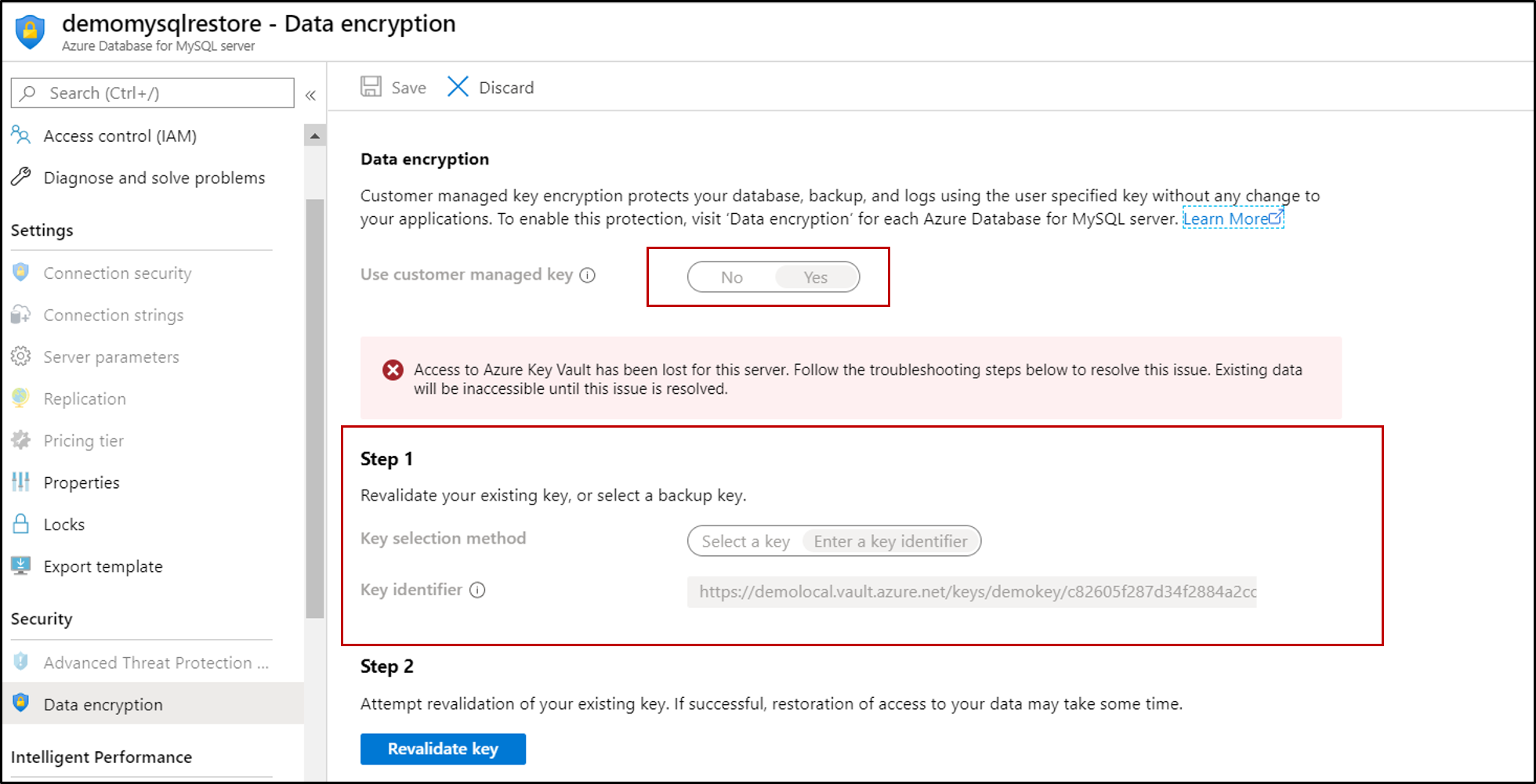 Captura de pantalla de Azure Database for MySQL, con el paso de nueva validación resaltado