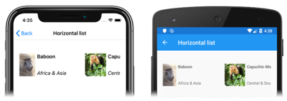 Captura de pantalla de un diseño de lista horizontal CollectionView, en iOS y Android