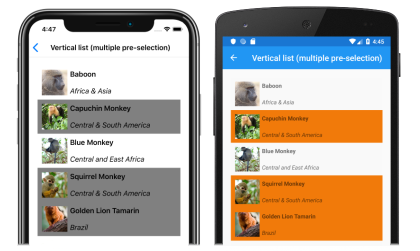 Captura de pantalla de una lista vertical CollectionView con varias preselecciones, en iOS y Android