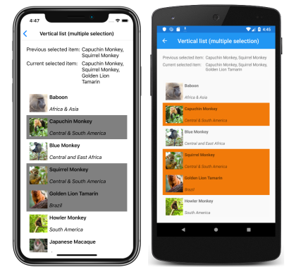 Captura de pantalla de una lista vertical CollectionView con varias selecciones, en iOS y Android