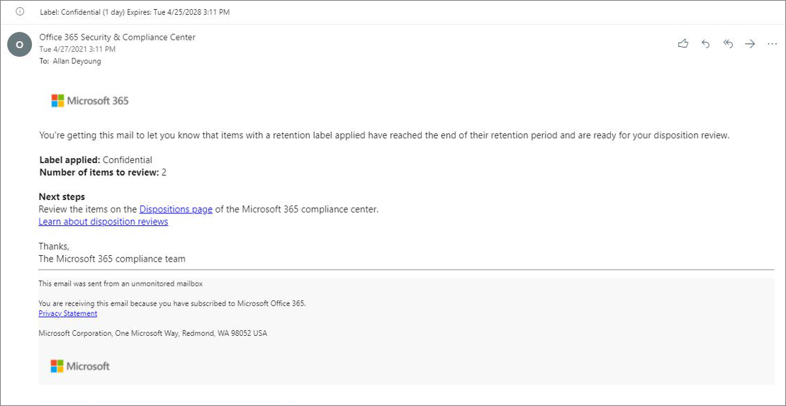 Ejemplo de notificación por correo electrónico con texto predeterminado cuando un elemento está listo para la revisión para eliminación.