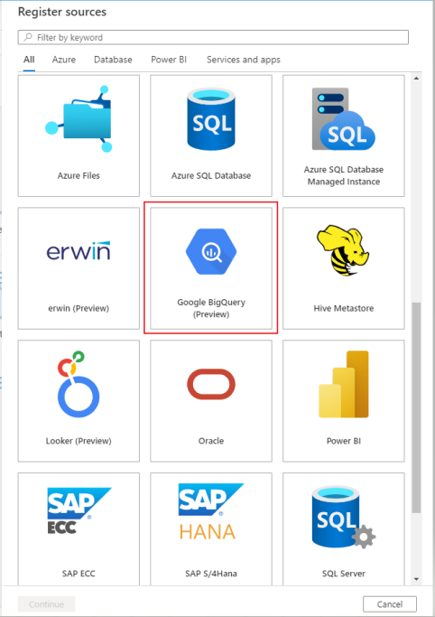 registro del origen de BigQuery