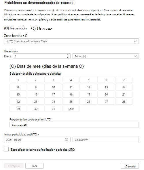 Captura de pantalla de la página establecer un desencadenador de examen.