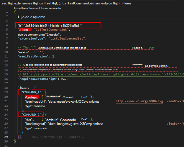 muestra cómo compilar la clave de comando para un comando personalizado creado a través de una extensión Commmand Set de SPFx ListView 