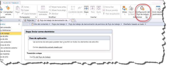 Icono de Configuración del flujo de trabajo en la cinta de opciones.