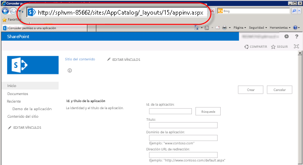Página y ejemplo de dirección URL appinv.aspx.