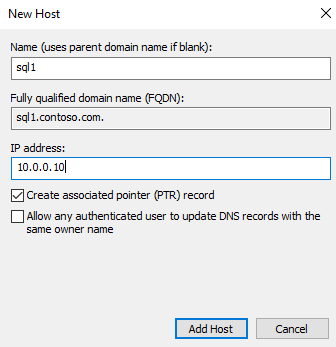 Captura de pantalla para agregar un registro de host.