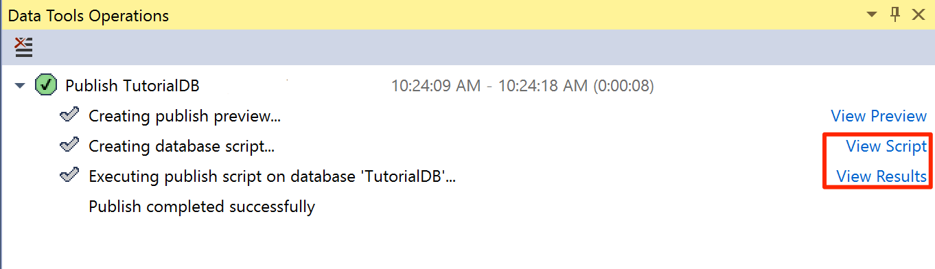 Captura de pantalla que muestra el resultado de publicación con Ver script y Ver resultados llamados.