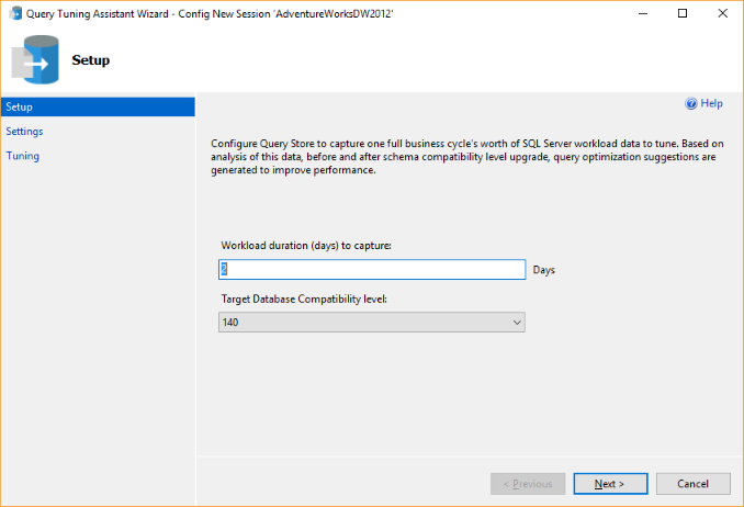 New database upgrade session setup window