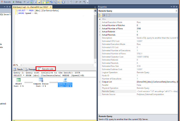 Captura de pantalla de SQL Server Management Studio de un plan de ejecución de consultas de PolyBase.