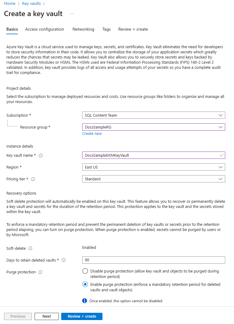 Captura de pantalla del panel Crear almacén de claves en Azure Portal.