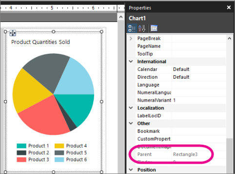 Captura de pantalla que muestra cómo ver la propiedad Parent en el informe de forma libre de Report Builder.