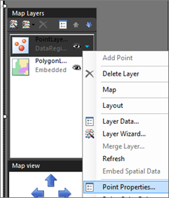 Captura de pantalla del panel Capas de mapa que muestra la opción Propiedades del punto.