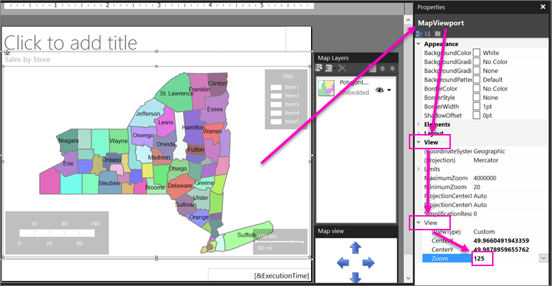 Captura de pantalla que muestra cómo ajustar el zoom del mapa de Report Builder.