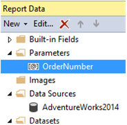 Captura de pantalla del panel Datos de informe que destaca el parámetro Ordernumber.