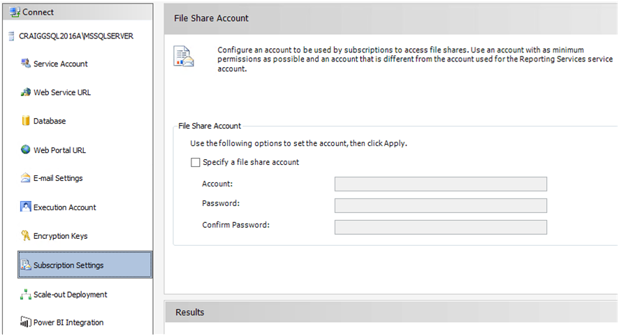 Captura de pantalla que muestra la configuración de suscripción de la herramienta de Report Services.