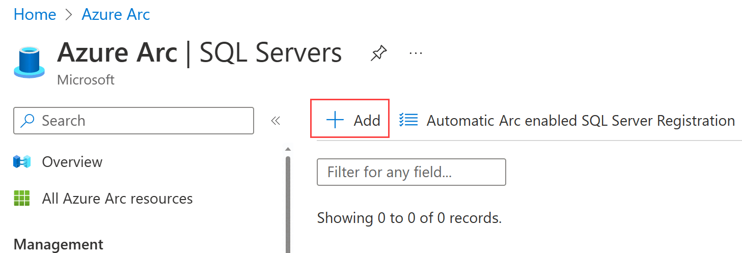 Captura de pantalla de la página de Azure Arc con instancias de SQL Server y +Agregar seleccionada.
