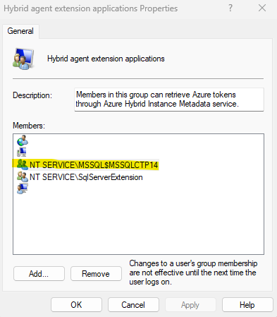 Captura de pantalla de las propiedades del grupo de aplicaciones de extensión del agente híbrido.