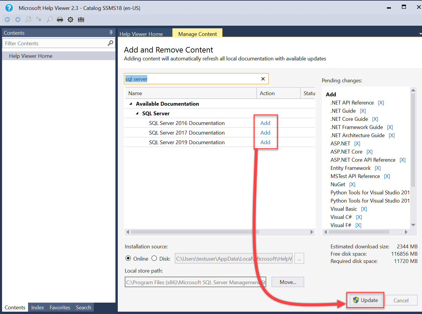 Captura de pantalla de Opciones Agregar y Actualizar para libros en línea de SQL Server.