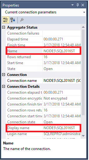 Nombre de la instancia de SQL Server en la ventana Propiedades