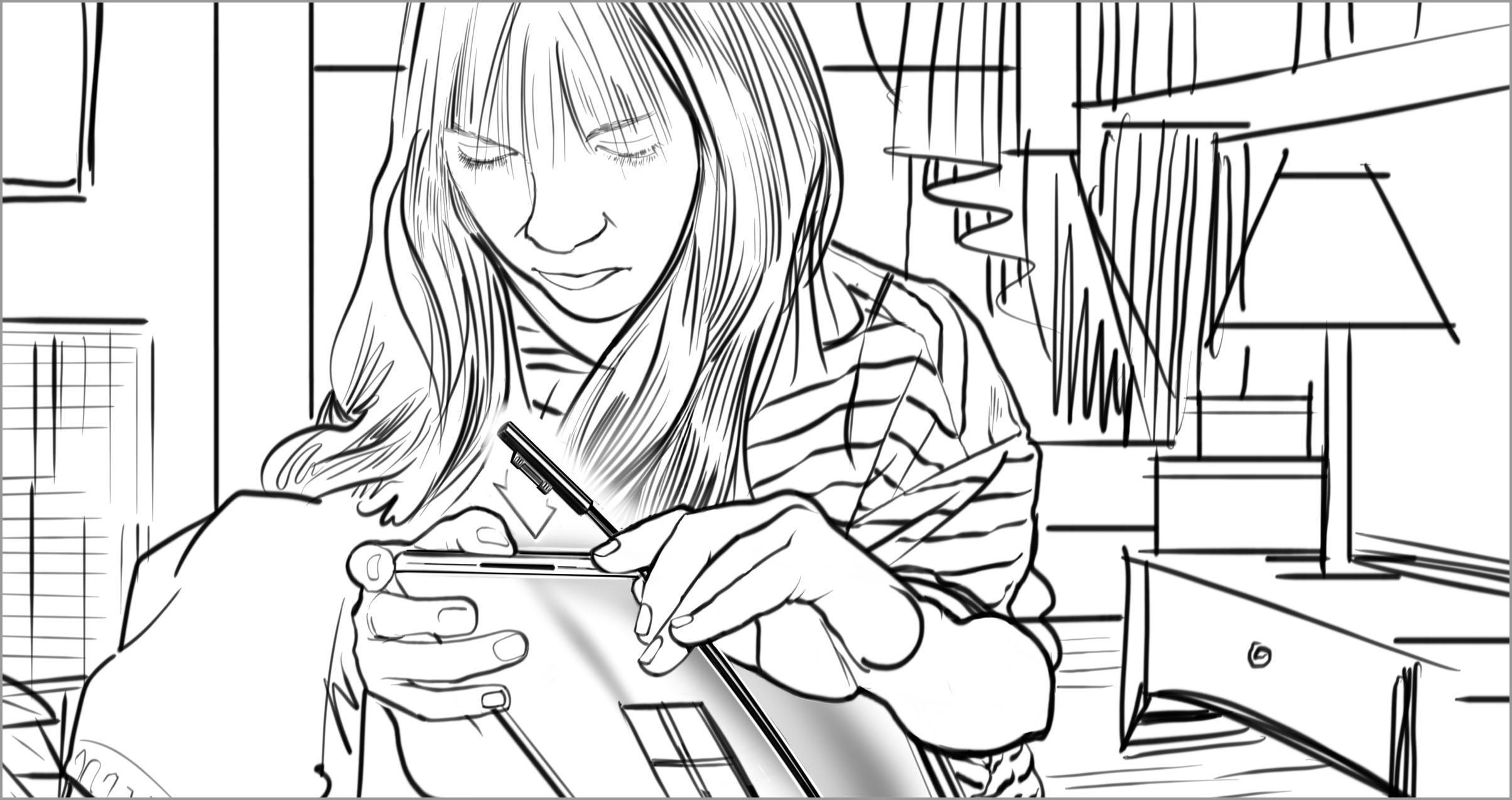 Una mujer se concentra mientras intenta alinear un conector de cable de carga con el puerto de su tableta.