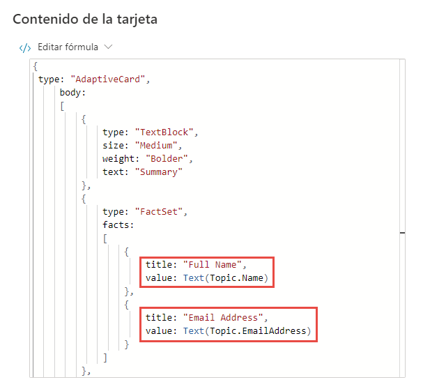 Captura de pantalla de las propiedades de Tarjeta adaptable