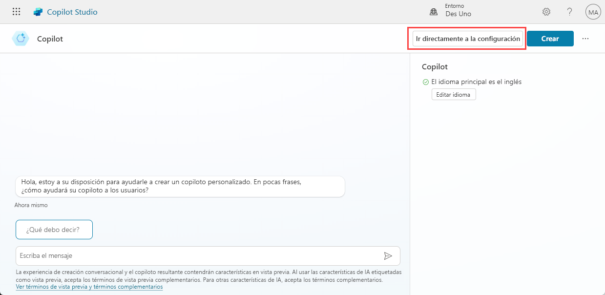 Captura de pantalla del portal Crear con mensaje en Copilot Studio