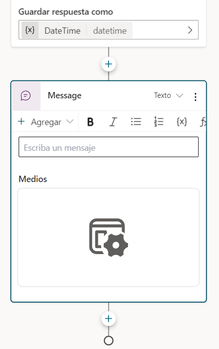 Captura de pantalla del nodo de mensajes con una tarjeta adaptable.