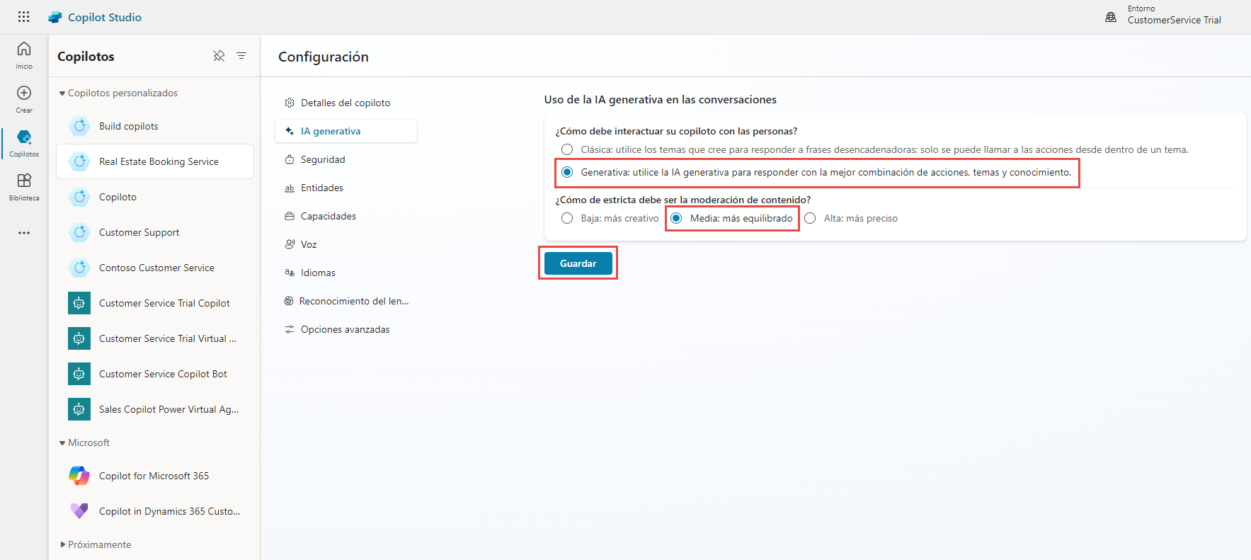 Captura de pantalla del panel de IA generativa en la configuración de Copilot Studio