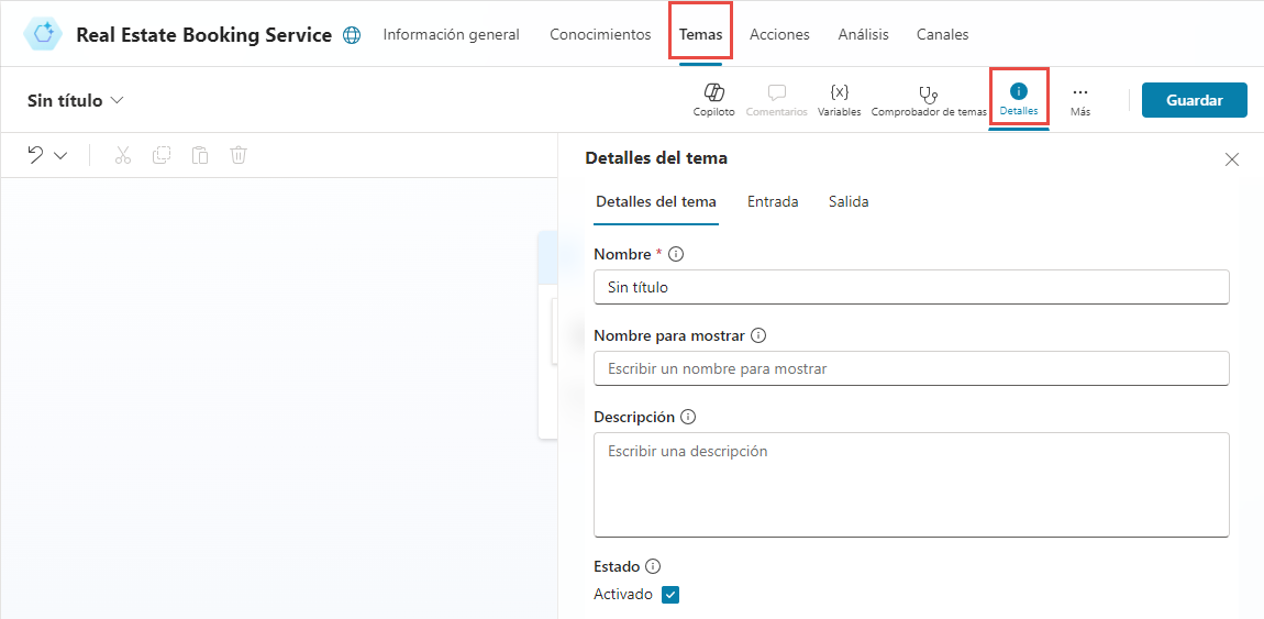 Captura de pantalla del cuadro de diálogo Detalles del tema
