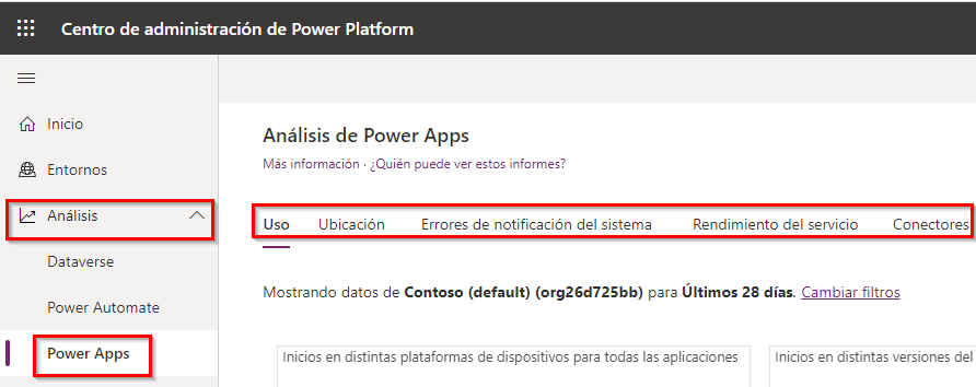 Captura de pantalla del panel de Análisis de Power Apps con las opciones Análisis y Power Apps resaltadas en el menú del lado izquierdo y las pestañas de informes del panel resaltadas