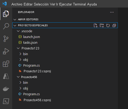 Captura de pantalla que muestra la estructura de carpetas en la vista EXPLORER.