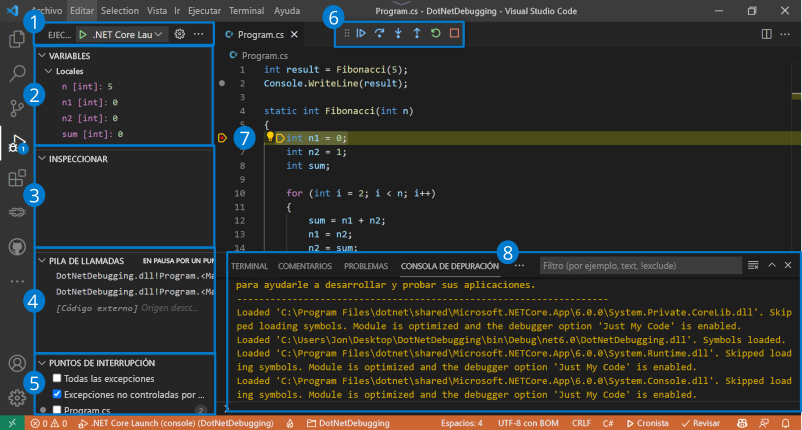 Captura de pantalla que muestra las secciones de la interfaz de usuario del depurador de Visual Studio Code.
