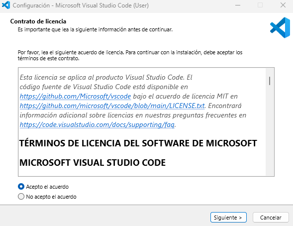 Captura de pantalla que muestra el instalador de Visual Studio Code.