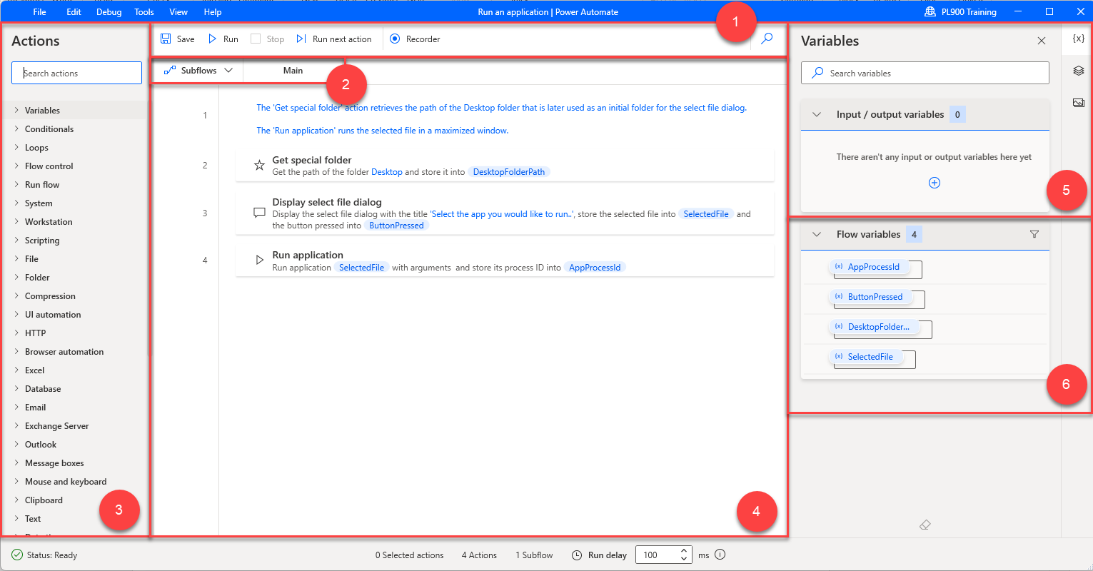 Captura de pantalla del diseñador de Power Automate de escritorio, con los componentes indicados en la lista
