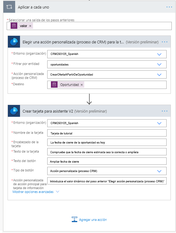 Agregue Crear tarjeta para asistente V2 debajo de Elegir acción personalizada (proceso CRM) para tarjeta de información.