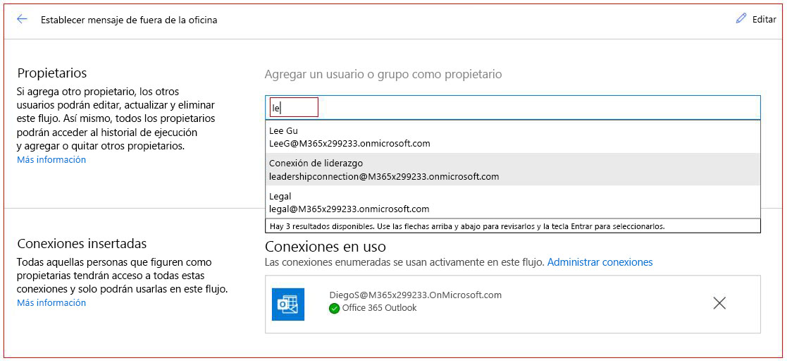 Captura de pantalla del cuadro de diálogo Establecer fuera de la oficina con la opción Agregar un usuario o grupo como propietario resaltada.