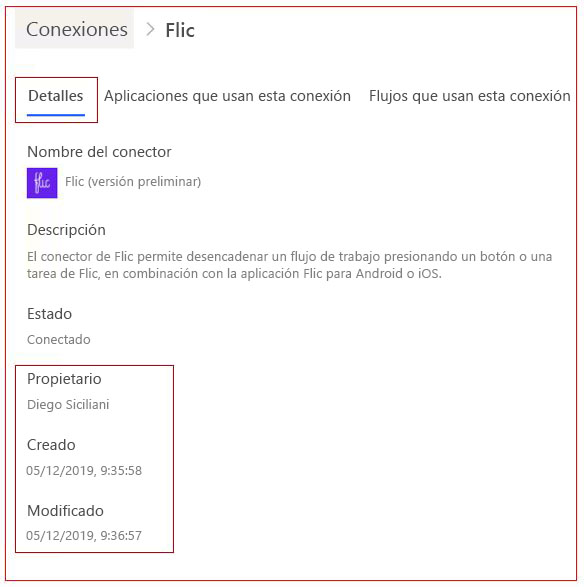 Captura de pantalla de la pestaña de detalles de conexión del flujo.